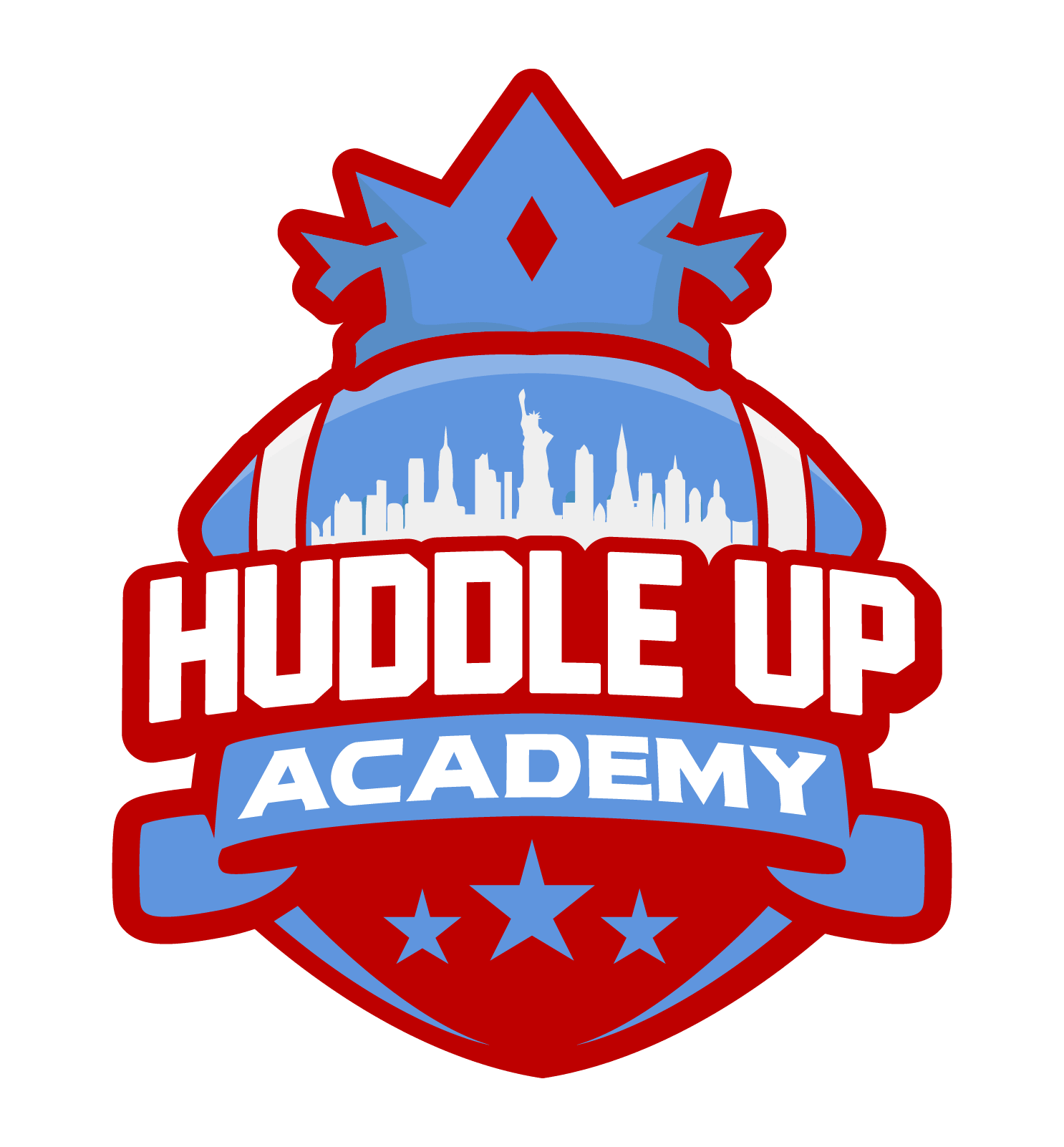 Logo badge for Huddle Up Academy featuring a blue crown skyline silhouette red outlines and bold white HUDDLE UP text with a blue ACADEMY ribbon
